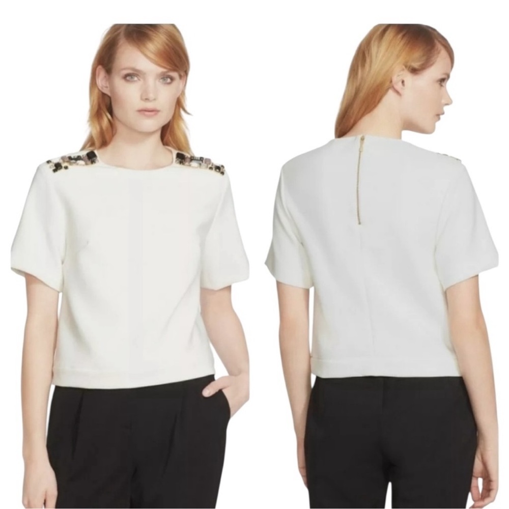 Kate Spade contemporary glam jeweled short sleeve cream pullover top size large